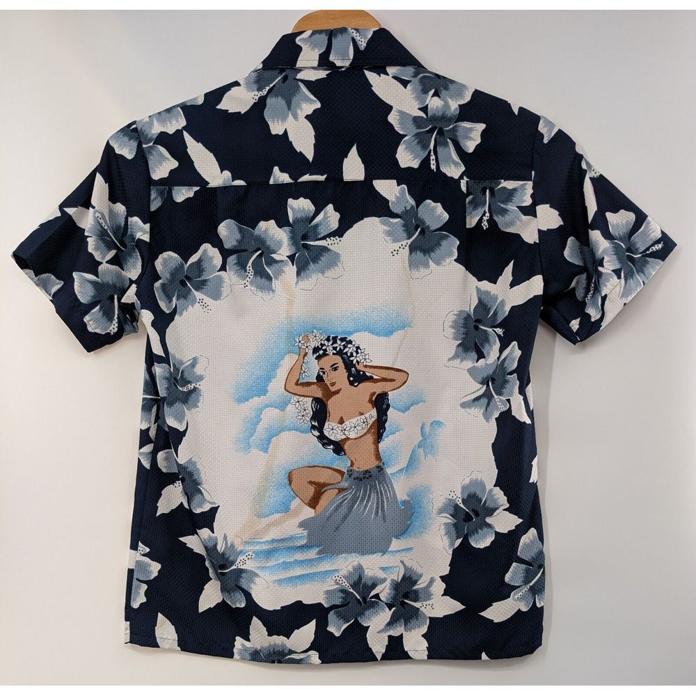 Hawaiian Shirt‎ Men's Large Blue Hibiscus Pin Up Girl Kennington California